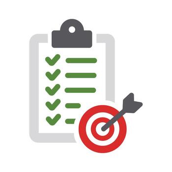 Arrow hits the center of the target next to clipboard with completed tasks vector