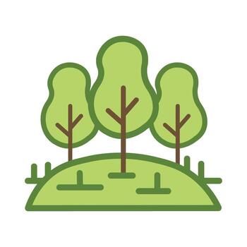 Three abstract green trees stand symmetrically on a matching hill with thick outlines vector