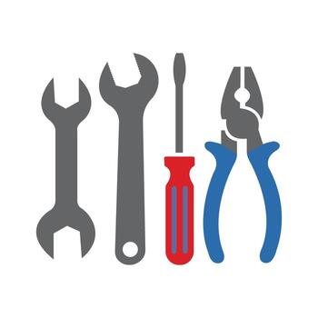 Two wrenches, a screwdriver, and pliers displayed with precision against a transparent background vector