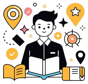 Smiling student reads an open book amidst geometric shapes and navigation symbols around him vector