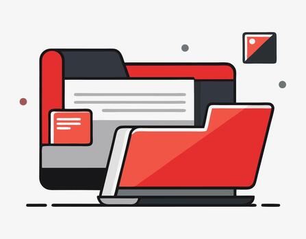 Outlined red folder shows open document within against a white background vector