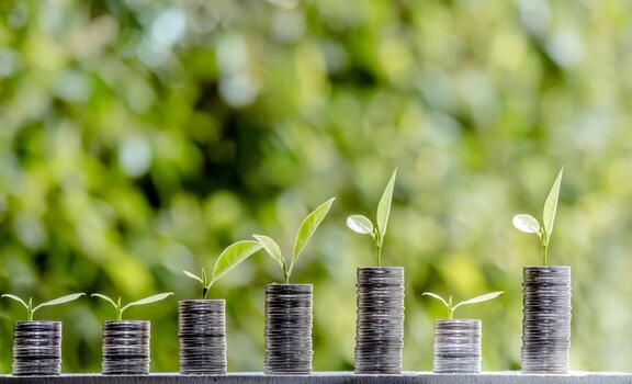 Business Finance and Money concept,Save money for prepare in the future.tree growing on coin of stacking silver coins with green bokeh background. photo