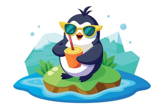 A cool penguin enjoying a drink on a small island, embodying relaxation and summer vibes isolated on white background vector