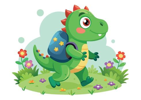 Cartoon dinosaur with backpack walking in a flower field isolated on white background, representing school and adventure vector