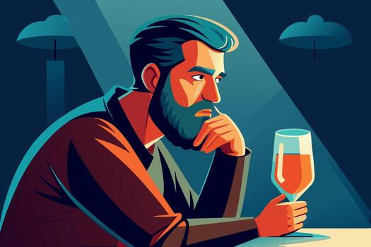 A contemplative man with a beard sits alone, holding a glass of amber liquid in a dimly lit setting vector