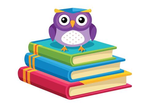 dibujos animados búho sentado en un apilar de vistoso libros aislado en blanco fondo, simbolizando conocimiento y educación vector