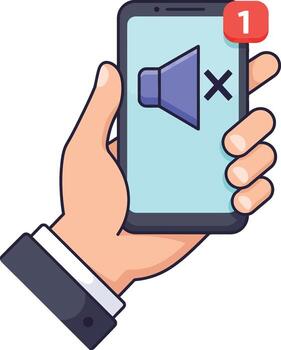 Hand holding smartphone with mute icon and notification badge, symbolizing silent mode and incoming messages, digital communication concept vector