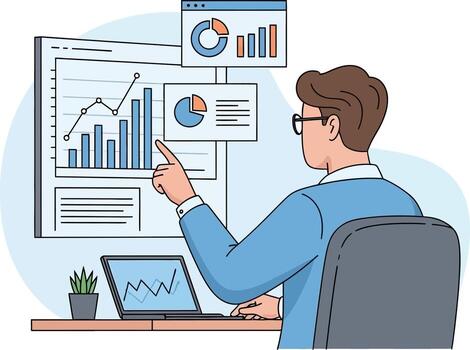 datos analítica especialista analizando cartas y gráficos en un computadora pantalla para negocio perspectivas vector