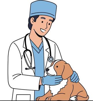 Veterinarian wearing a white coat and blue cap with a stethoscope, gently examining a happy brown and white dog, embodying care and compassion in animal healthcare vector