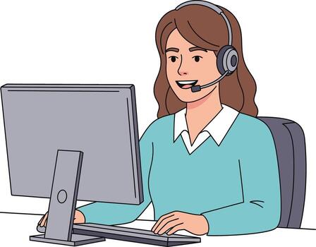 Customer service representative wearing a headset and smiling while working at a computer in an office environment vector