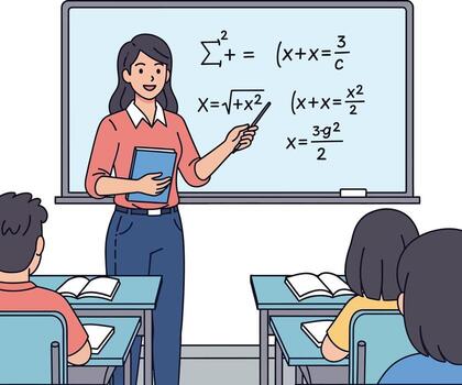 Teacher explaining mathematical equations on a whiteboard in a classroom with students vector