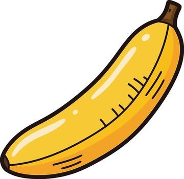 A vibrantly yellow cartoon banana with a black outline, featuring subtle brown spots and small tick marks, presented against a clean white background, evoking a simple yet appealing illustrative style vector