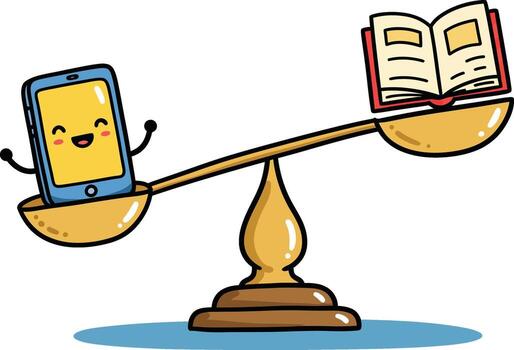 A happy smartphone and an open book balanced on a scale, representing the choice between digital and traditional learning methods vector