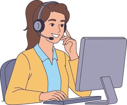 Smiling female customer service representative wearing a headset and looking at a computer screen vector