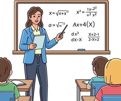 A kind female teacher with a pointer and tablet stands in front of a whiteboard filled with complex mathematical equations, teaching a small group of attentive students in a classroom setting vector