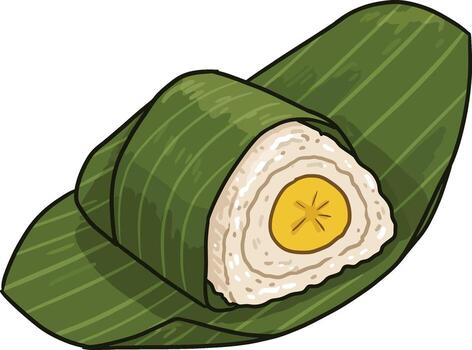 Triangular Rice Cake Wrapped in Green Leaf with Banana Center, Cartoon Style. vector