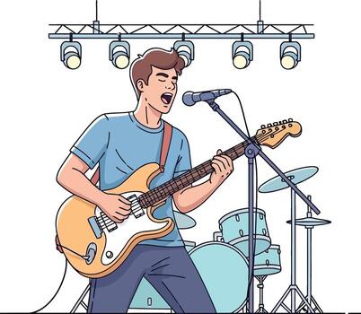 Young man enthusiastically playing guitar and singing on stage with professional lighting setup and drum kit in the background vector
