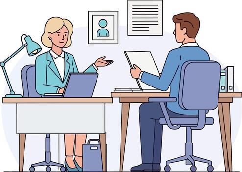 Two professionals are having a discussion while working at their desks in a modern office environment, showcasing collaboration and productivity vector