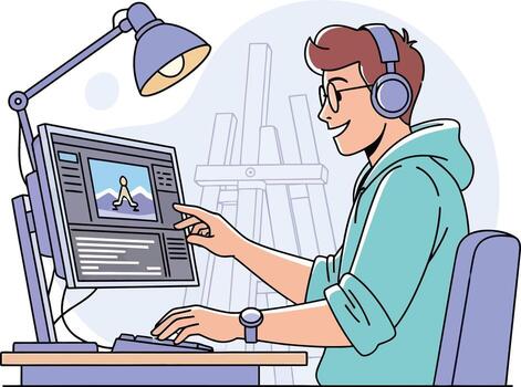 joven hombre vistiendo auriculares, felizmente trabajando en un computadora con un creativo edición proyecto, enfocado y comprometido vector