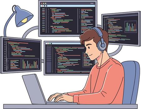 Young male programmer wearing headphones, coding on a laptop, with multiple monitors displaying code and data, illustrating a modern workspace for software development and technology vector
