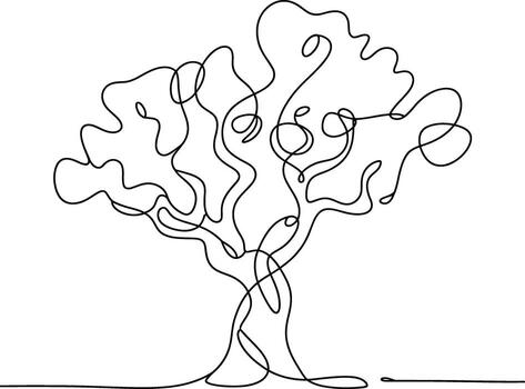 Abstract single line drawing of a majestic tree with flowing branches and a thick trunk vector