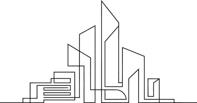 Minimalist single line drawing of modern cityscape architecture with abstract buildings vector