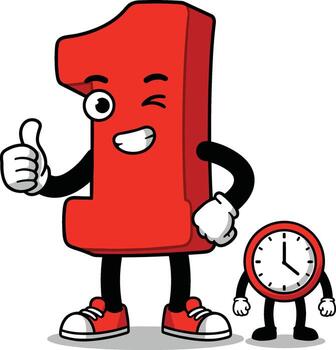 A red number one cartoon character with a clock vector
