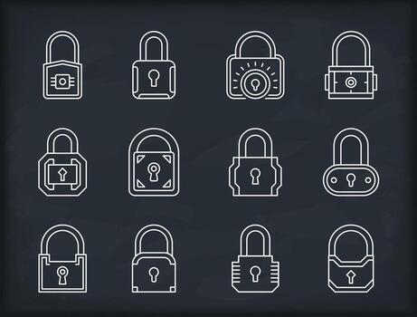 Set of lock line icons, dark background vector