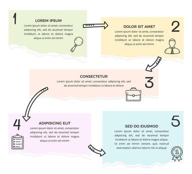 Infographic template with five options with paper notes and hand-drawn arrows vector
