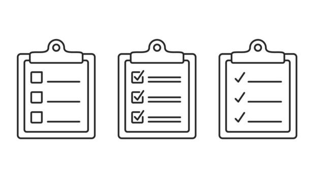 Three check list line icons, clipboards with check boxes vector