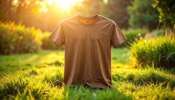 Brown Tshirt Displayed in a Grassy Field at Sunset. photo