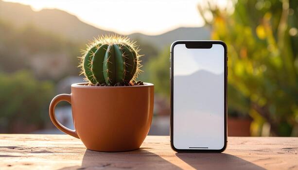Cactus in a Mug Next to a Smartphone on a Wooden Table. photo