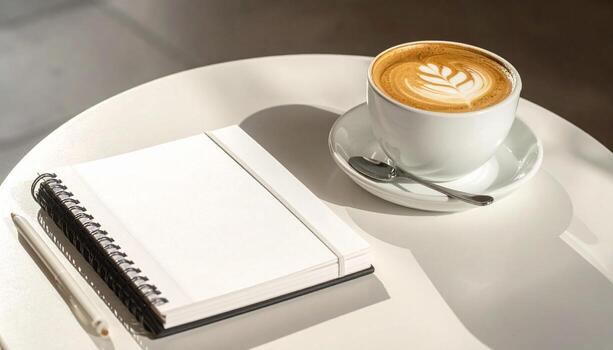 Coffee Notebook and Pen on a White Table. photo