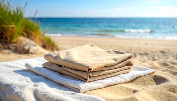 Folded Clothes on Beach Towel with Ocean View. photo
