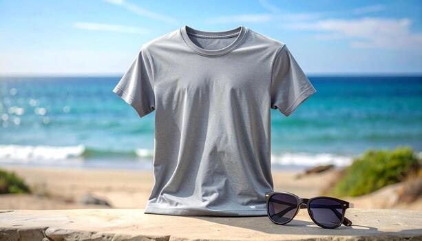 Gray Tshirt and Sunglasses on Beach with Ocean View. photo