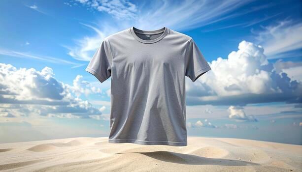Gray TShirt Floating Above Desert Sand Under a Cloudy Sky. photo