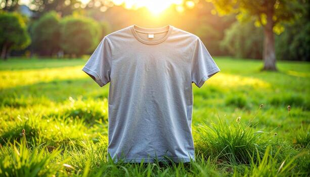 Gray TShirt Floating in a Sunny Green Field. photo