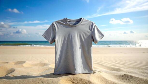 Gray Tshirt on a Sunny Beach A Relaxing Summer Scene. photo