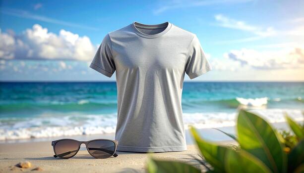 Gray TShirt on Beach with Sunglasses and Ocean View. photo