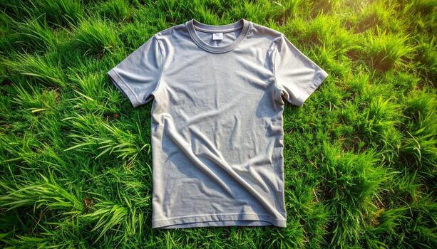 Gray TShirt on Vibrant Green Grass A Simple Summer Scene. photo