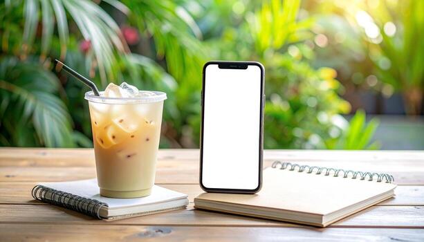 Iced Coffee Phone and Notebook on Wooden Table. photo