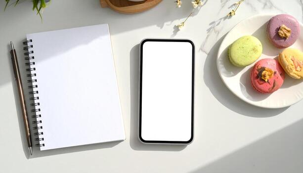 Minimalist Workspace with Phone Notebook and Macarons. photo