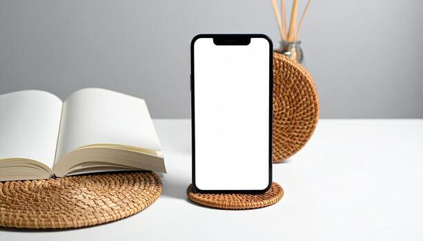 minimalista espacio de trabajo con teléfono inteligente libro y Junco difusor. foto