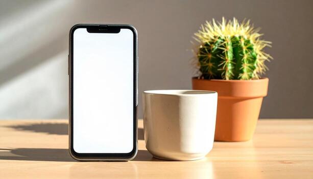 moderno espacio de trabajo presentando un teléfono inteligente taza y cactus en un de madera escritorio. foto