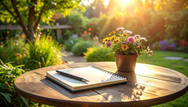 Notebook and Flowers on Wooden Table in Sunny Garden. photo