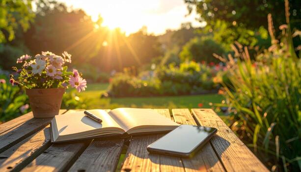 Open notebook on wooden table in sunlit garden peaceful writing scene. photo