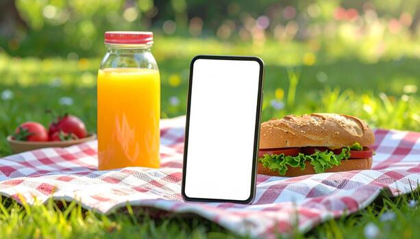 Picnic in the park with phone juice sandwich and strawberries. photo