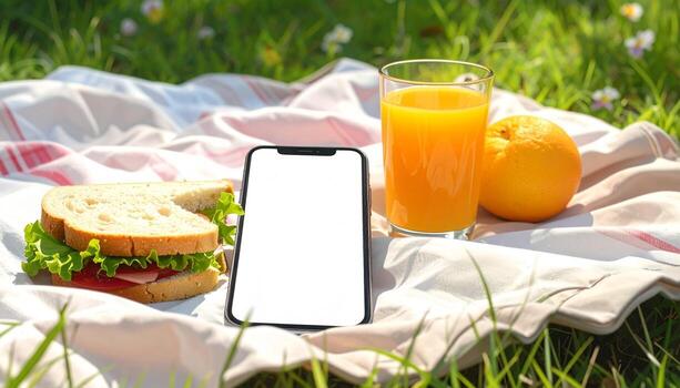 Picnic in the park with smartphone sandwich and orange juice. photo