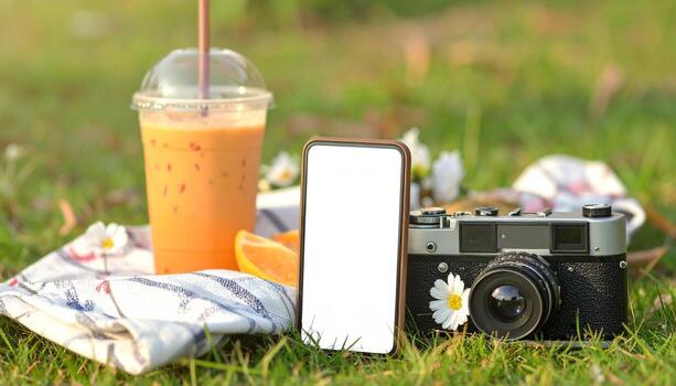 Refreshing Picnic Scene with Iced Tea Phone and Vintage Camera. photo