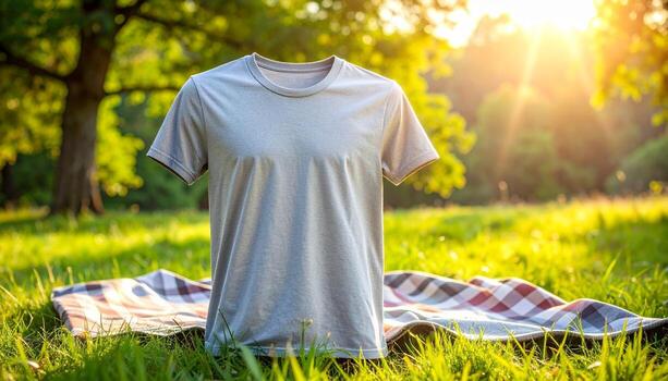 Tshirt on a picnic blanket in a sunny park setting. photo